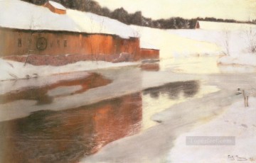Fritas Thaulow Painting - El edificio de una fábrica cerca de un río helado en invierno Fritas noruegas Thaulow